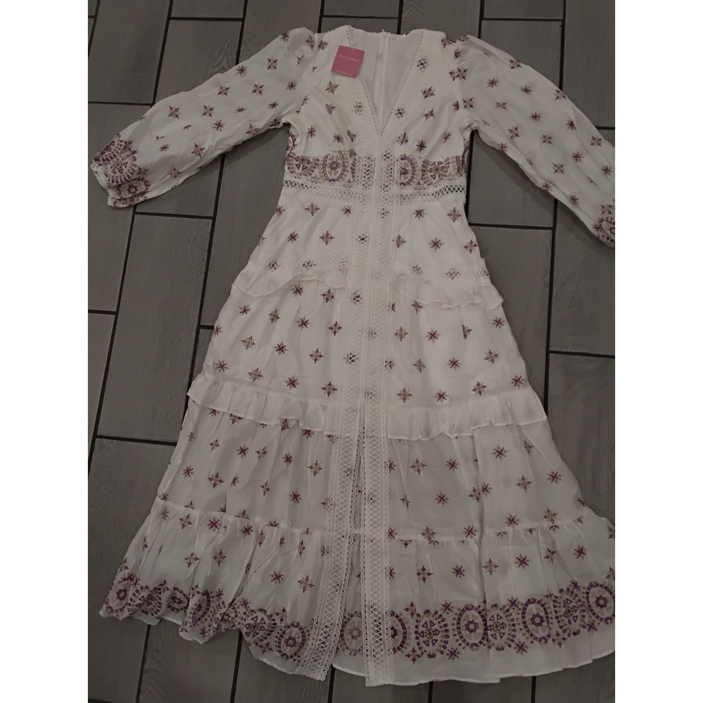 JJ's Fairyland Boho Embroidered Maxi Dress White Purple Lace Tiered M JJ3685-2